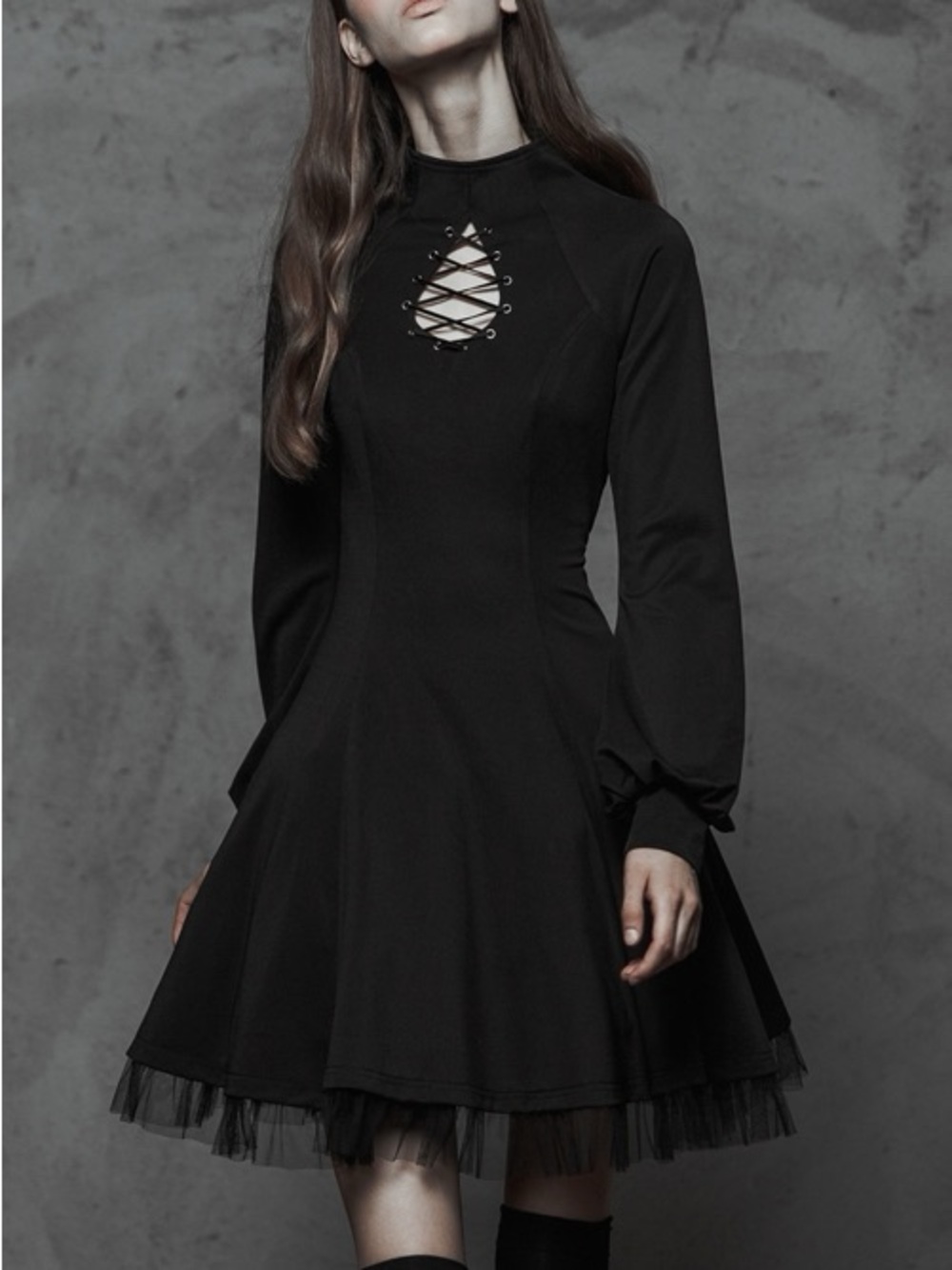 Women's Black Lace-Up Gothic Fit-and-Flare Dress